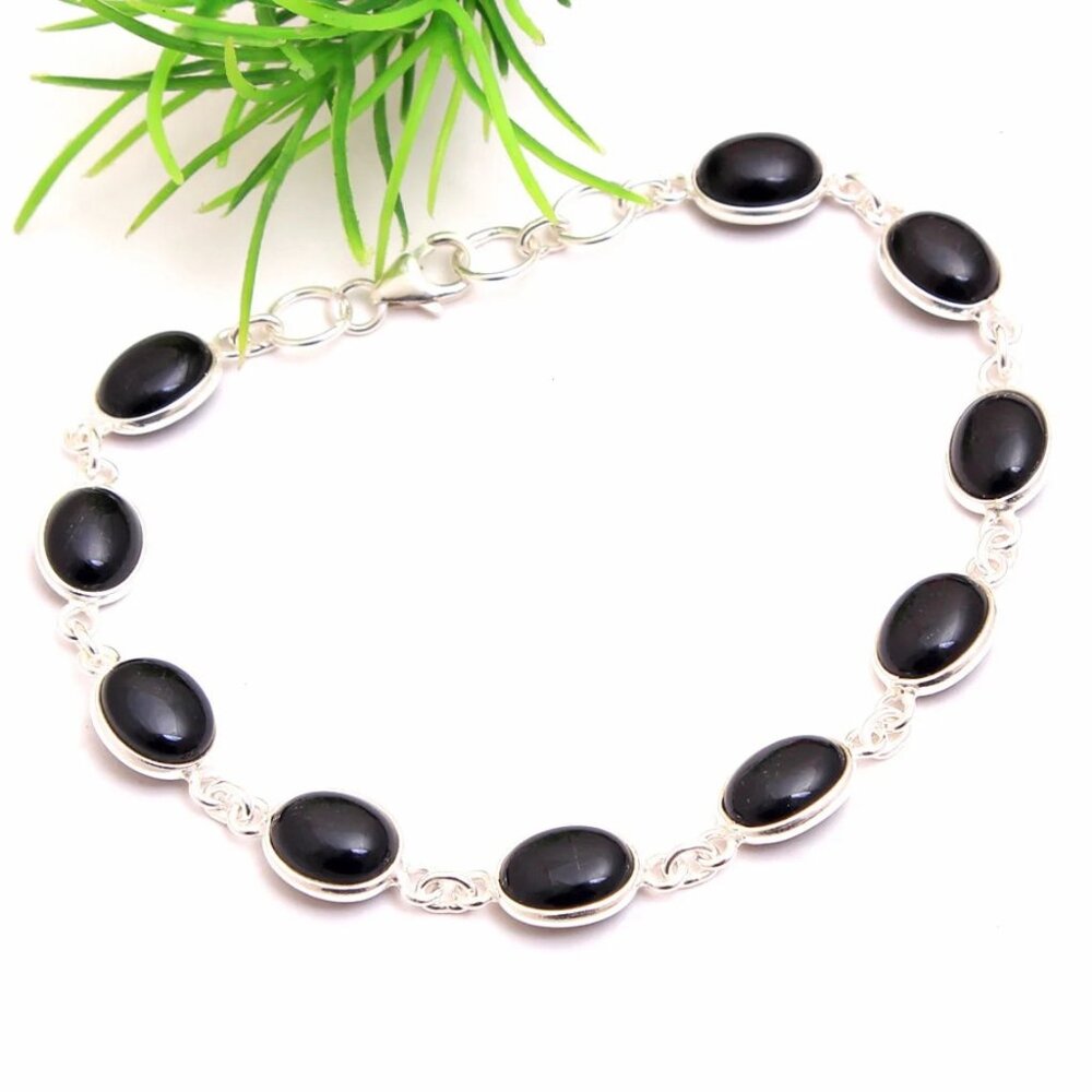 New Womens Black Onyx Gemstone 925 Silver Bracelet 7-8"